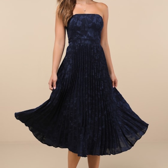 Lulus Perfectly Stunning Navy Jacquard Strapless Midi Dress Blue - Size XL - Picture 1 of 1